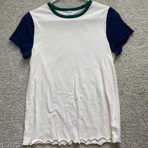 White tee with blue sleeves